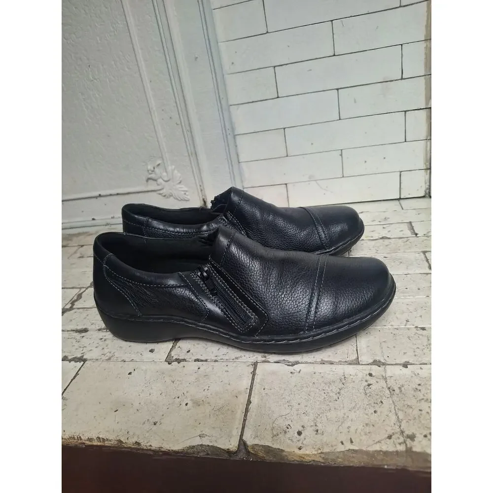 Clarks Bendables Cora Giny Black Leather Side Zip Loafers Shoes Size 8